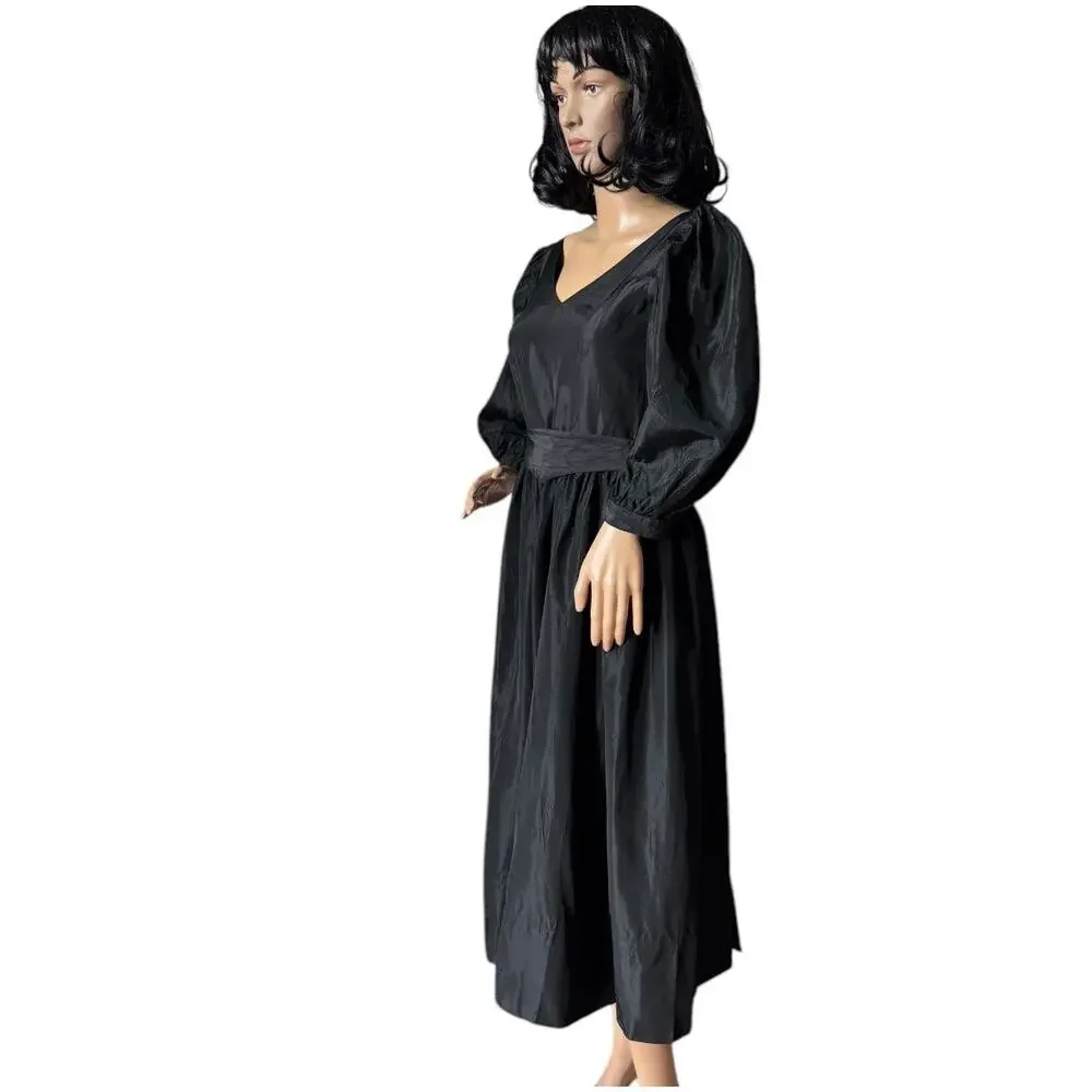 1980s Laura Ashley Black Puff Sleeve Midi Dress Ireland Small